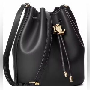NWT LAUREN RALPH LAUREN ANDIE DRAWSTRING BUCKET BAG SHOULDER PURSE BLACK LEATHER